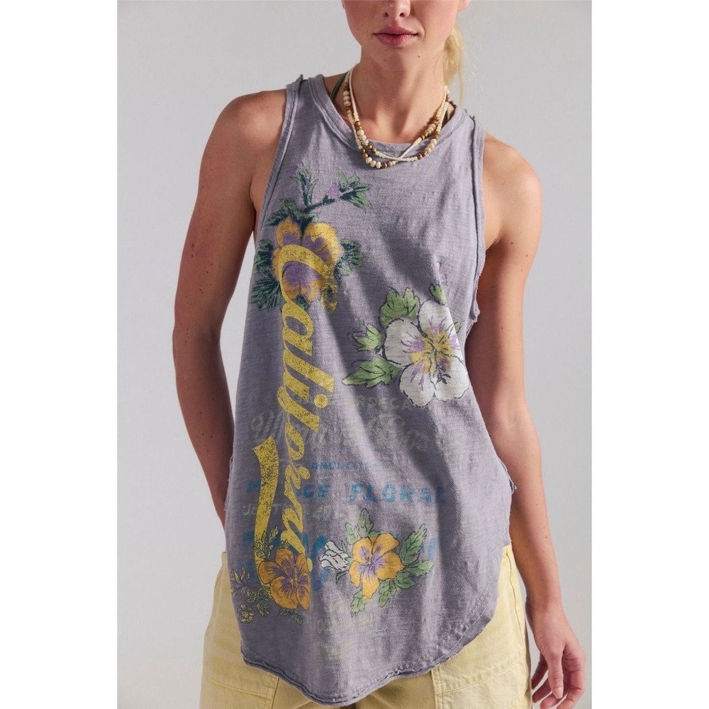 Free People Rosie Graphic Tank Medium Grey New NWT California relaxed light